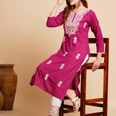 Solid Chikankari Embroidered Straight Fit Kurta - Purple