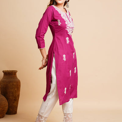 Solid Chikankari Embroidered Straight Fit Kurta - Purple