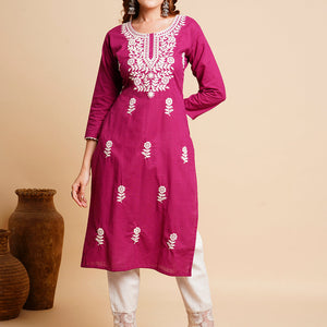 Solid Chikankari Embroidered Straight Fit Kurta - Purple