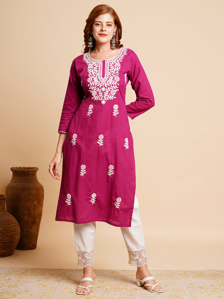 Solid Chikankari Embroidered Straight Fit Kurta - Purple