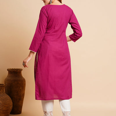 Solid Chikankari Embroidered Straight Fit Kurta - Purple