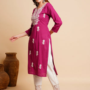 Solid Chikankari Embroidered Straight Fit Kurta - Purple