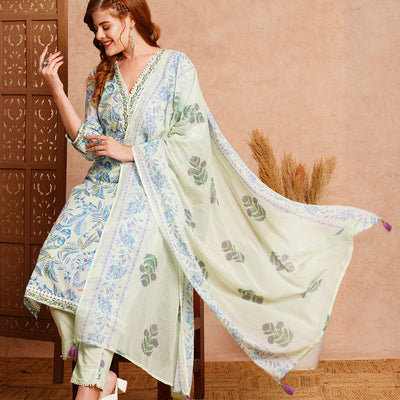 Floral Printed & Embroidered Straight Fit Kurta with Pant & Dupatta - Mint Green