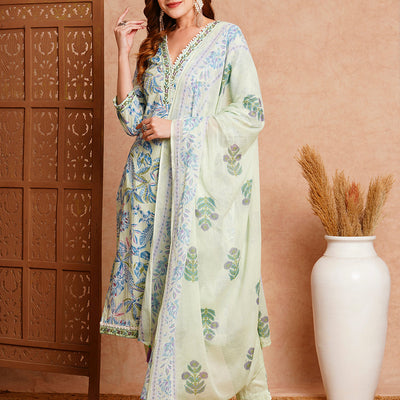 Floral Printed & Embroidered Straight Fit Kurta with Pant & Dupatta - Mint Green