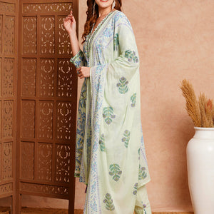 Floral Printed & Embroidered Straight Fit Kurta with Pant & Dupatta - Mint Green