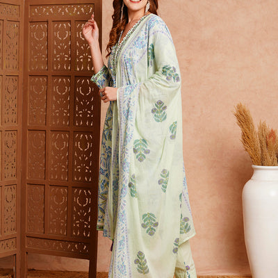 Floral Printed & Embroidered Straight Fit Kurta with Pant & Dupatta - Mint Green
