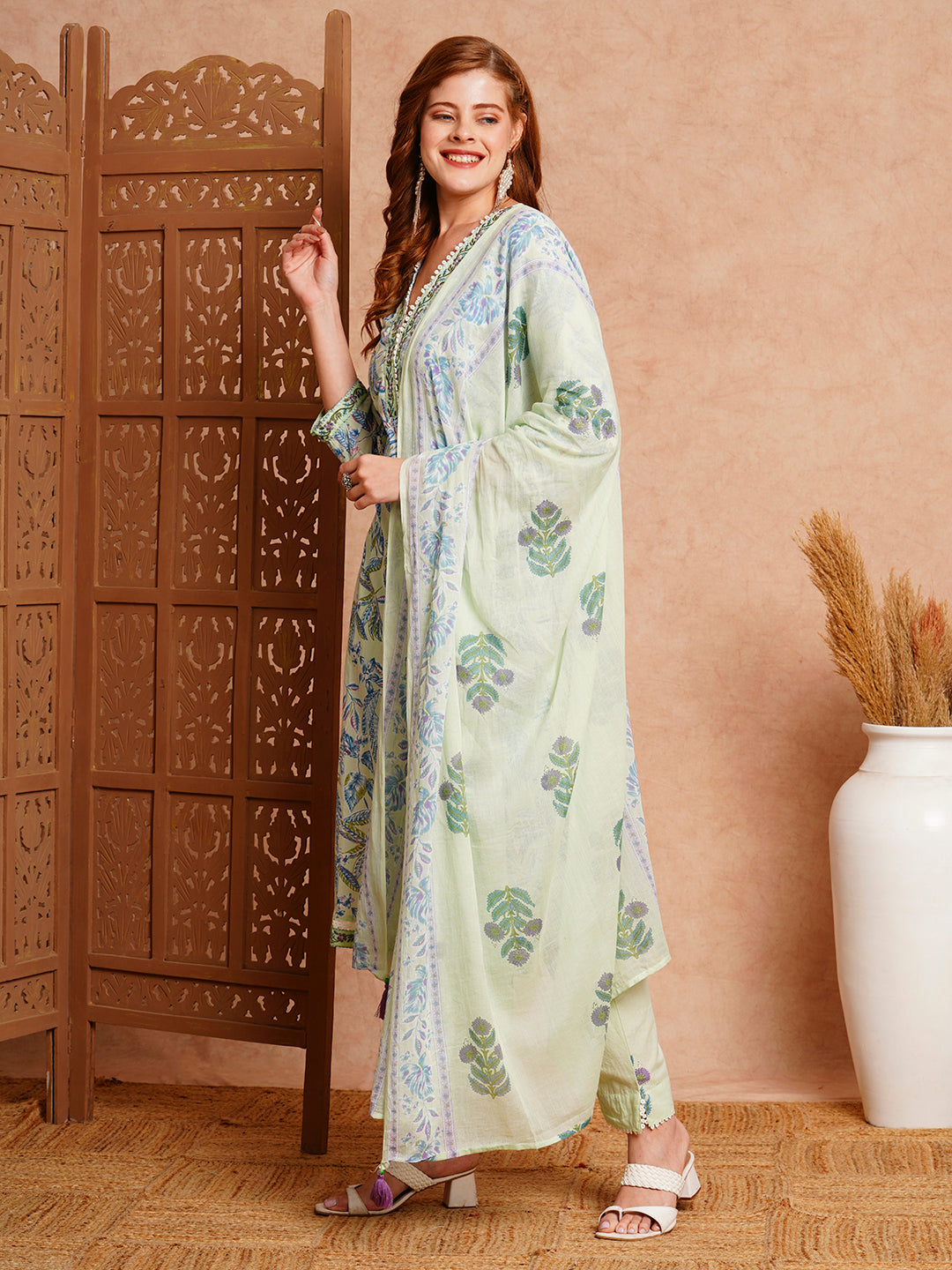 Floral Printed & Embroidered Straight Fit Kurta with Pant & Dupatta - Mint Green