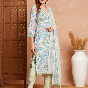 Floral Printed & Embroidered Straight Fit Kurta with Pant & Dupatta - Mint Green