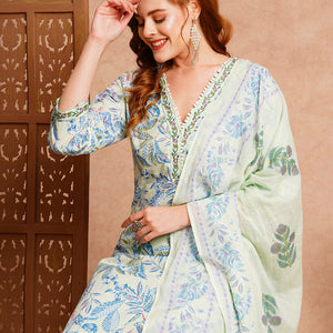 Floral Printed & Embroidered Straight Fit Kurta with Pant & Dupatta - Mint Green