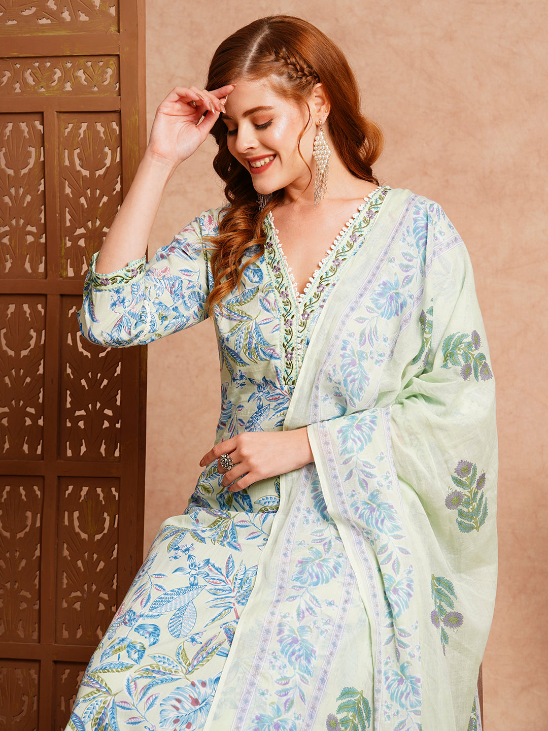 Floral Printed & Embroidered Straight Fit Kurta with Pant & Dupatta - Mint Green