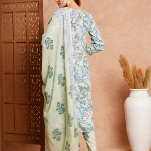 Floral Printed & Embroidered Straight Fit Kurta with Pant & Dupatta - Mint Green