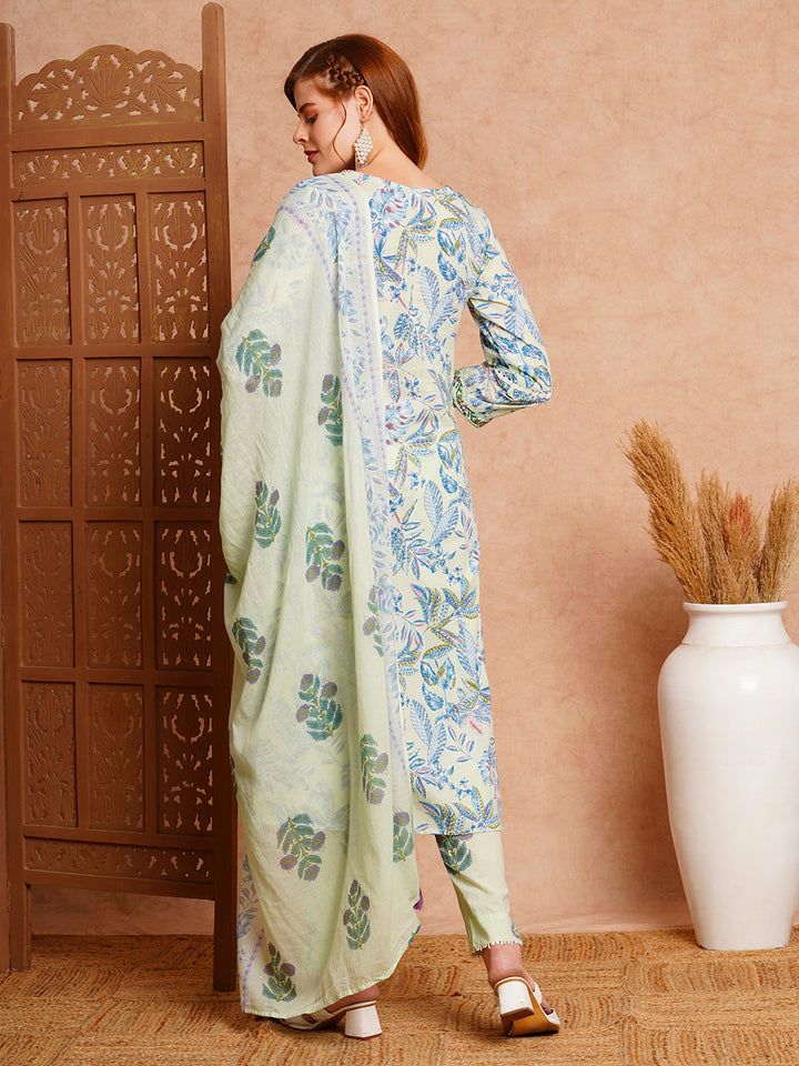 Floral Printed & Embroidered Straight Fit Kurta with Pant & Dupatta - Mint Green