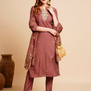 Solid Floral Hand Embroidered Straight Kurta with Pant & Dupatta - Rose Gold