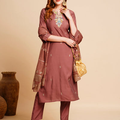 Solid Floral Hand Embroidered Straight Kurta with Pant & Dupatta - Rose Gold