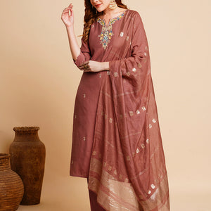 Solid Floral Hand Embroidered Straight Kurta with Pant & Dupatta - Rose Gold