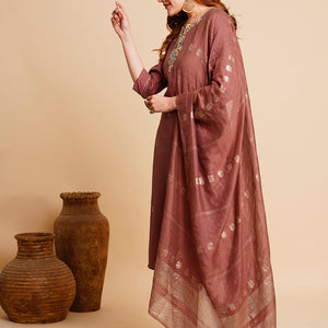 Solid Floral Hand Embroidered Straight Kurta with Pant & Dupatta - Rose Gold