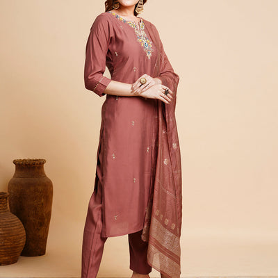 Solid Floral Hand Embroidered Straight Kurta with Pant & Dupatta - Rose Gold