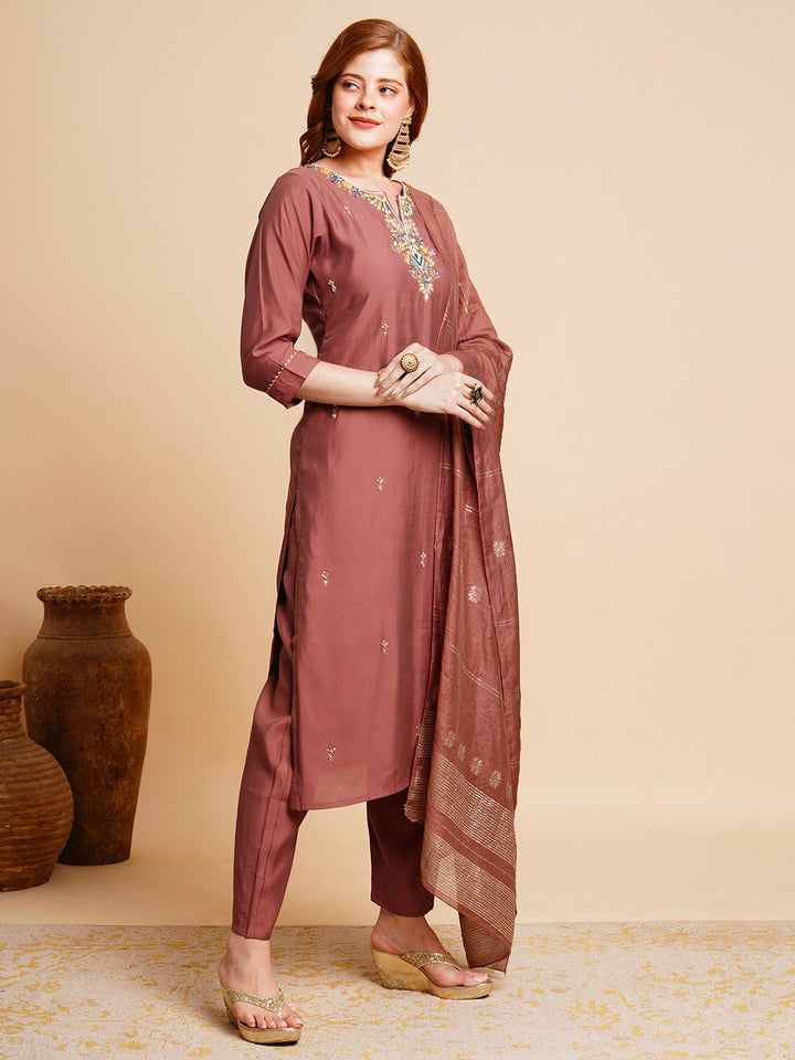 Solid Floral Hand Embroidered Straight Kurta with Pant & Dupatta - Rose Gold