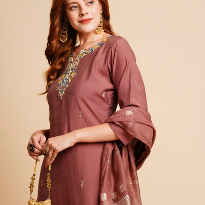 Solid Floral Hand Embroidered Straight Kurta with Pant & Dupatta - Rose Gold