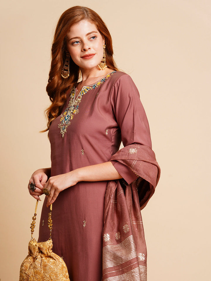 Solid Floral Hand Embroidered Straight Kurta with Pant & Dupatta - Rose Gold