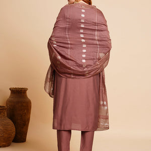Solid Floral Hand Embroidered Straight Kurta with Pant & Dupatta - Rose Gold