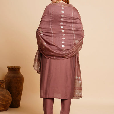 Solid Floral Hand Embroidered Straight Kurta with Pant & Dupatta - Rose Gold