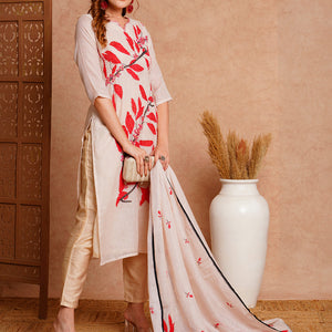 Floral Abstract Printed & Hand Embroidered Kurta with Pant & Dupatta - Off White