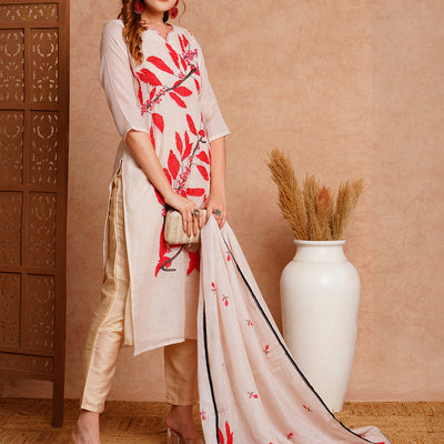 Floral Abstract Printed & Hand Embroidered Kurta with Pant & Dupatta - Off White