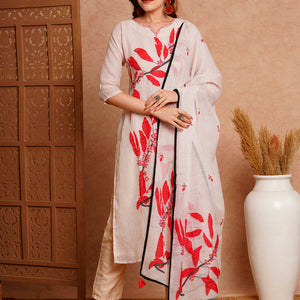 Floral Abstract Printed & Hand Embroidered Kurta with Pant & Dupatta - Off White