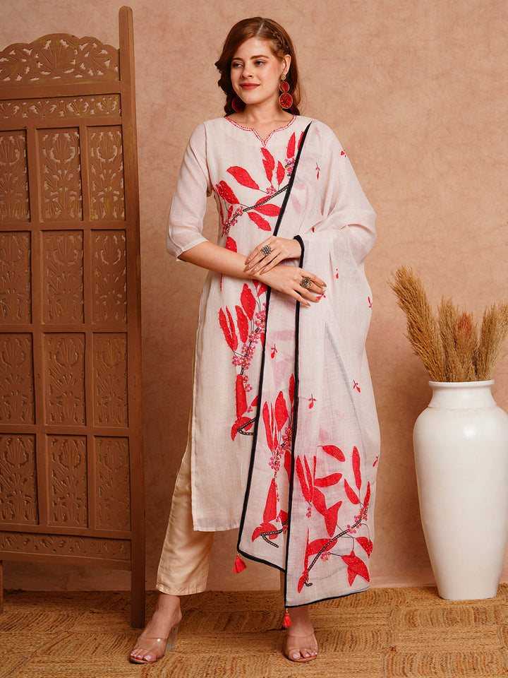 Floral Abstract Printed & Hand Embroidered Kurta with Pant & Dupatta - Off White