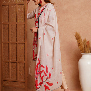 Floral Abstract Printed & Hand Embroidered Kurta with Pant & Dupatta - Off White