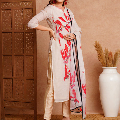 Floral Abstract Printed & Hand Embroidered Kurta with Pant & Dupatta - Off White