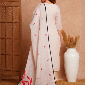 Floral Abstract Printed & Hand Embroidered Kurta with Pant & Dupatta - Off White