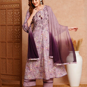 Floral Printed & Hand Embroidered Anarkali with Palazzo & Dupatta - Lavender