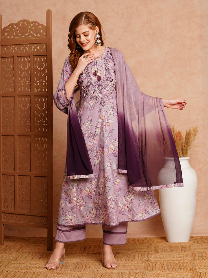 Floral Printed & Hand Embroidered Anarkali with Palazzo & Dupatta - Lavender