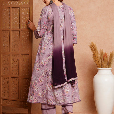 Floral Printed & Hand Embroidered Anarkali with Palazzo & Dupatta - Lavender