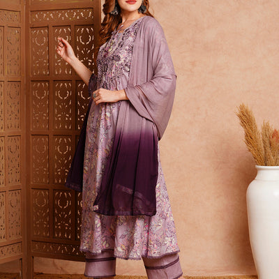 Floral Printed & Hand Embroidered Anarkali with Palazzo & Dupatta - Lavender