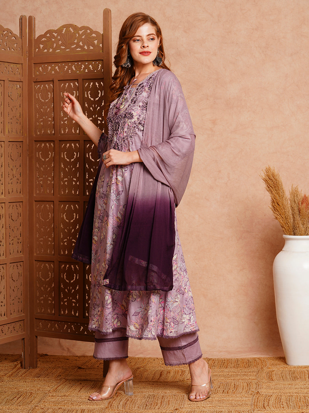 Floral Printed & Hand Embroidered Anarkali with Palazzo & Dupatta - Lavender