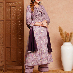 Floral Printed & Hand Embroidered Anarkali with Palazzo & Dupatta - Lavender