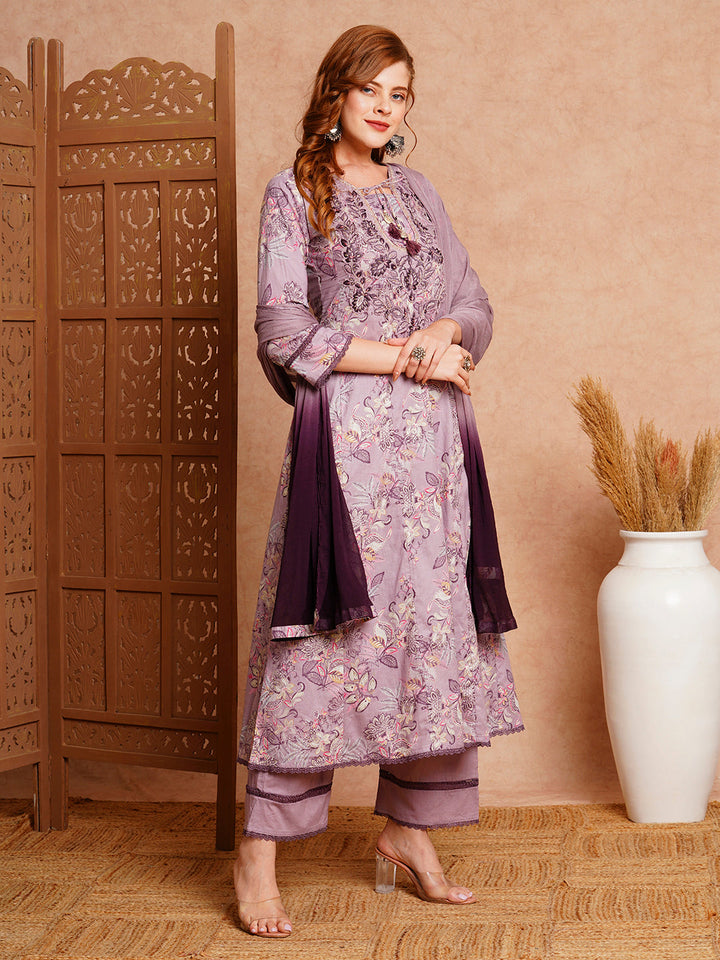 Floral Printed & Hand Embroidered Anarkali with Palazzo & Dupatta - Lavender