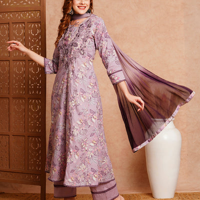 Floral Printed & Hand Embroidered Anarkali with Palazzo & Dupatta - Lavender