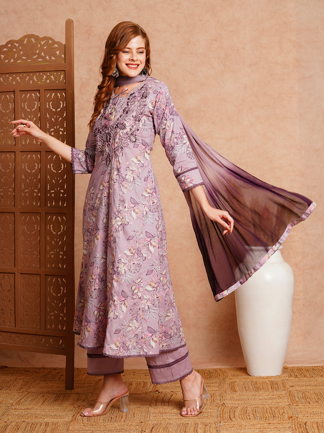 Floral Printed & Hand Embroidered Anarkali with Palazzo & Dupatta - Lavender