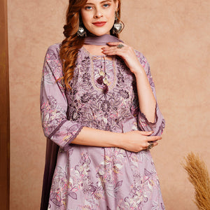 Floral Printed & Hand Embroidered Anarkali with Palazzo & Dupatta - Lavender