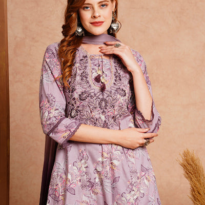 Floral Printed & Hand Embroidered Anarkali with Palazzo & Dupatta - Lavender