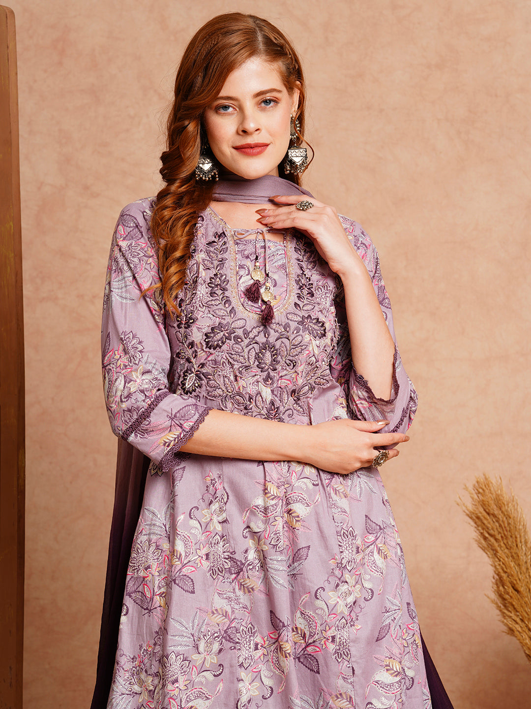 Floral Printed & Hand Embroidered Anarkali with Palazzo & Dupatta - Lavender