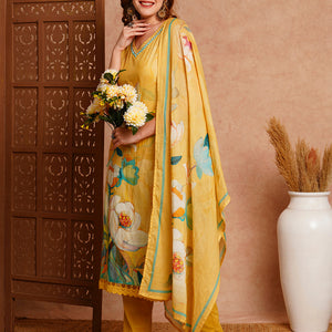 Floral Printed & Embroidered Kurta with Pant & Pure Cotton Dupatta - Yellow