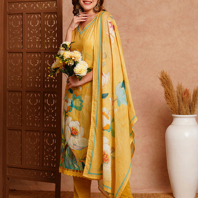 Floral Printed & Embroidered Kurta with Pant & Pure Cotton Dupatta - Yellow