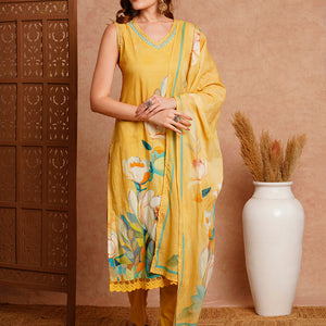 Floral Printed & Embroidered Kurta with Pant & Pure Cotton Dupatta - Yellow