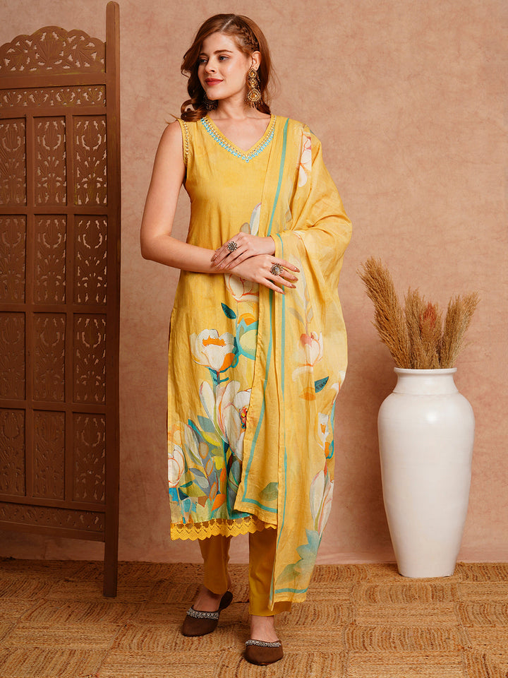 Floral Printed & Embroidered Kurta with Pant & Pure Cotton Dupatta - Yellow