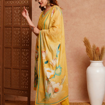 Floral Printed & Embroidered Kurta with Pant & Pure Cotton Dupatta - Yellow